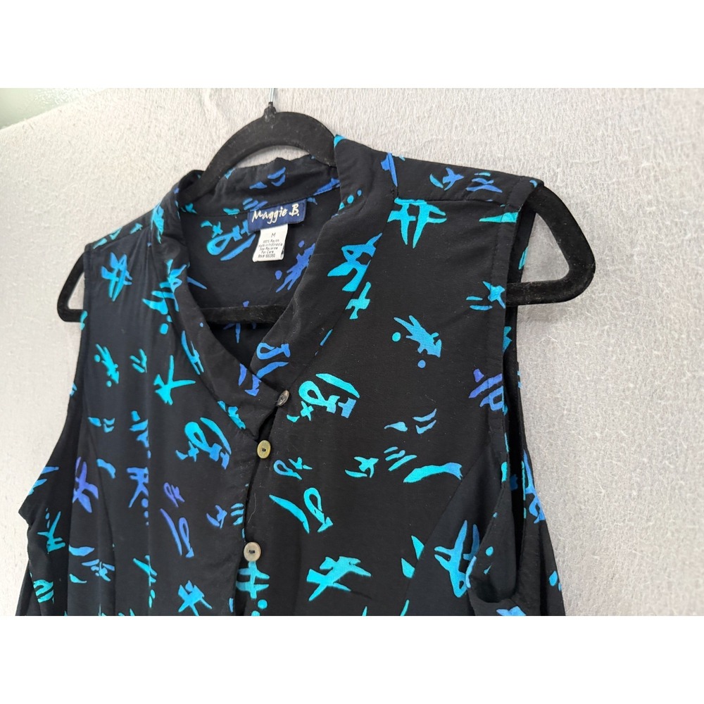 Maggie B. Tank Top Women M Black Blue Teal Asian Calligraphy Script Blouse Artsy - Picture 3 of 11
